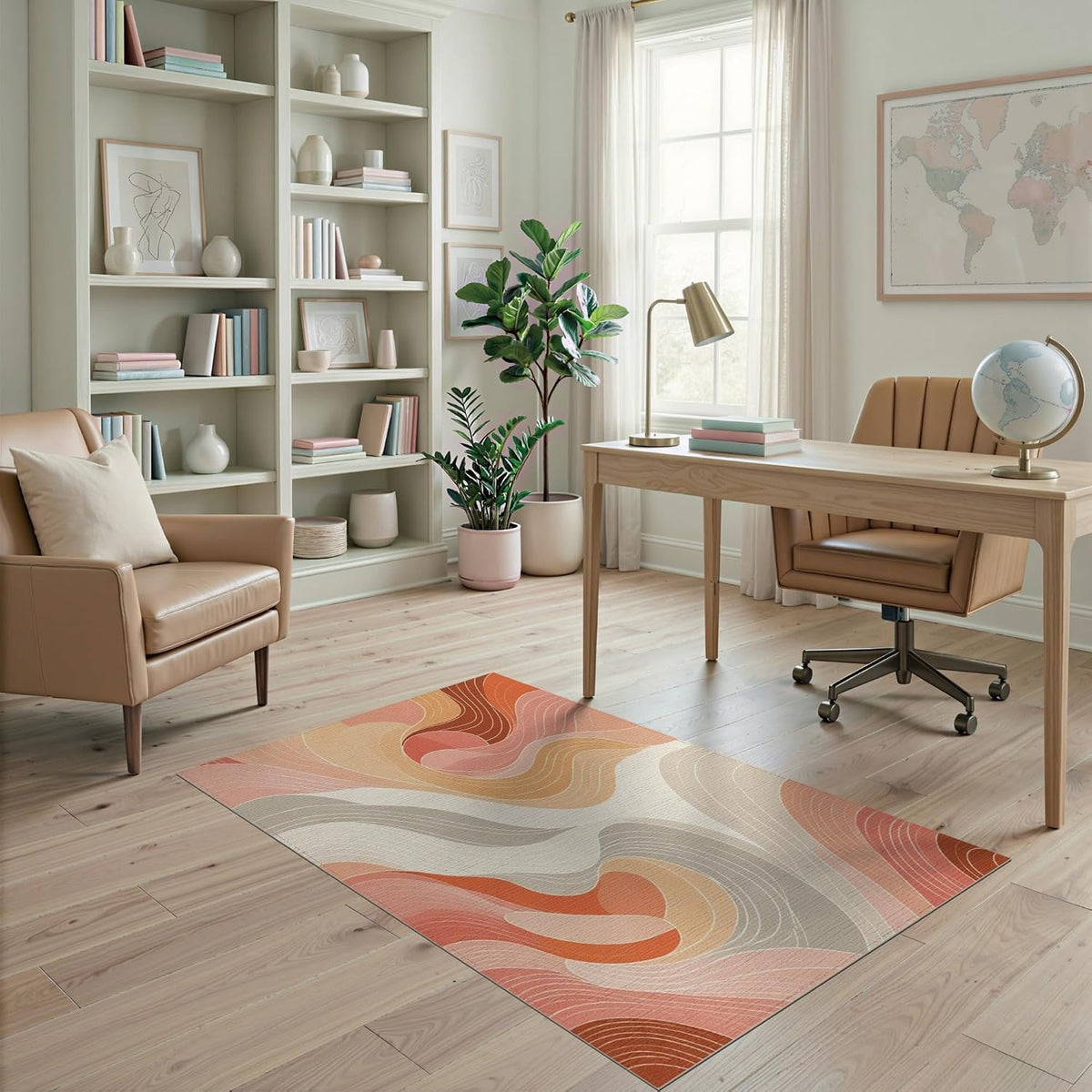 4'x6' Washable Flatwoven Rug, Peach Contemporary Abstract Easy Care Throw Carpet for Dorm Room, Small Living Room, Apartment, Stain Resistant Low Profile Floor Covering | Ref:1967884
