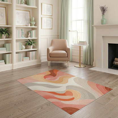 4'x6' Washable Flatwoven Rug, Peach Contemporary Abstract Easy Care Throw Carpet for Dorm Room, Small Living Room, Apartment, Stain Resistant Low Profile Floor Covering | Ref:1967884
