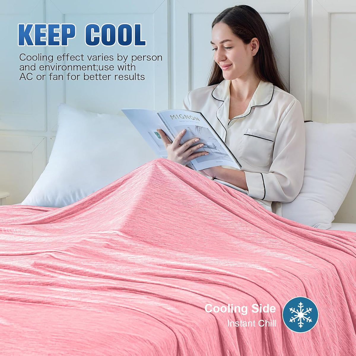 KMUSET Cooling Blanket Twin (60"x80"), Double Sided Summer Cooling Blankets for Hot Sleepers & Night Sweats, Soft Lightweight Blanket for Dorm Room Essentials, Picnic, Gifts for Women Peach Pink