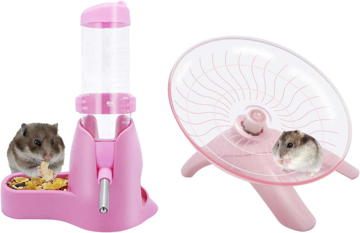Hamster Water Bottle Water Dispenser Hamster Silent Exercise Running Wheel for Dwarf Hamsters Gerbil Mice (Pink, 125ML)