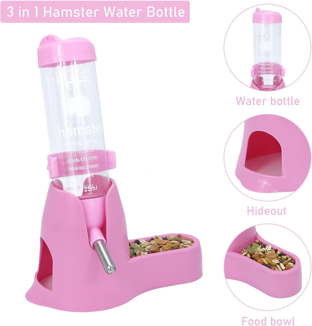 Hamster Water Bottle Water Dispenser Hamster Silent Exercise Running Wheel for Dwarf Hamsters Gerbil Mice (Pink, 125ML)