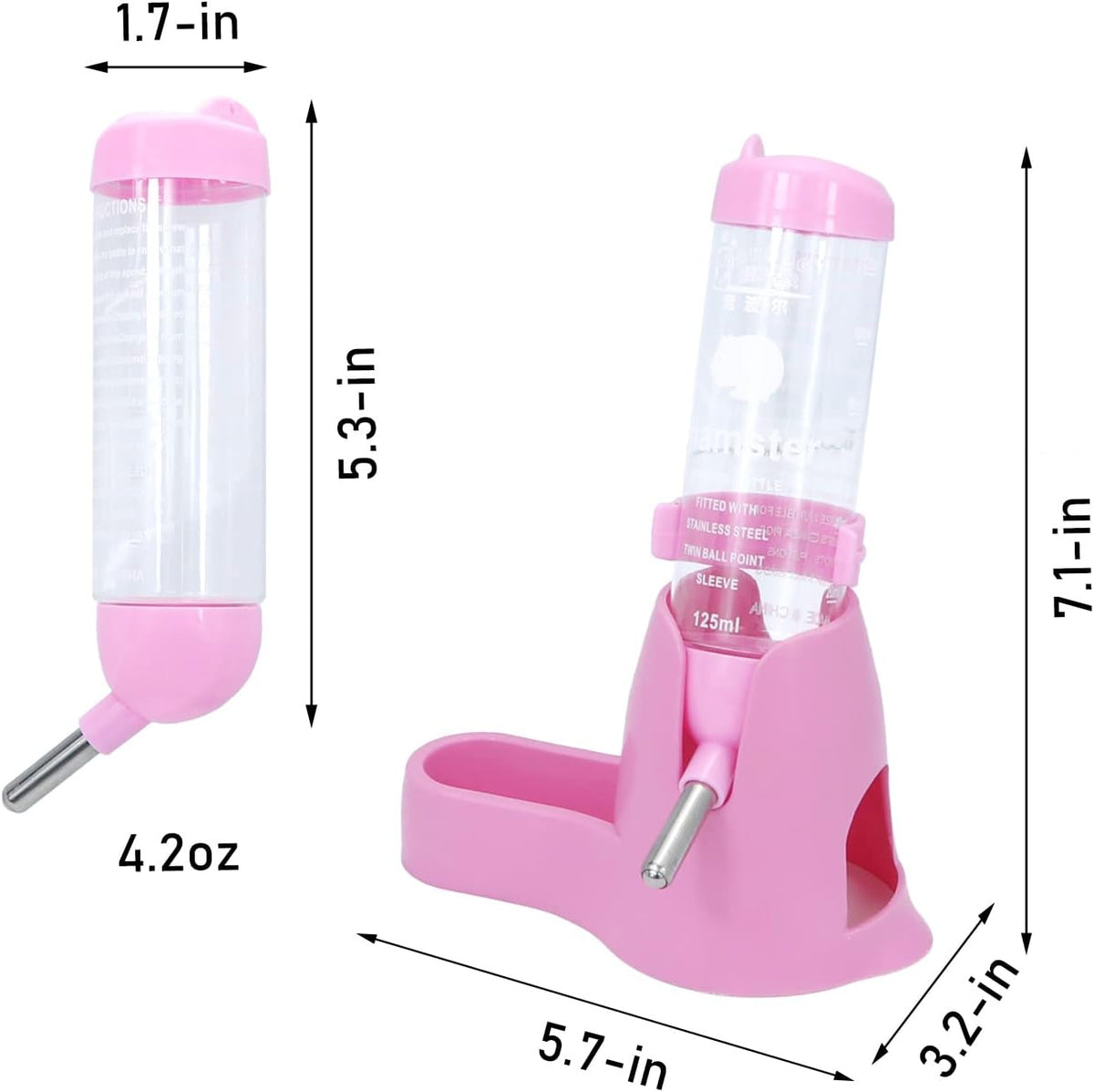 Hamster Water Bottle Water Dispenser Hamster Silent Exercise Running Wheel for Dwarf Hamsters Gerbil Mice (Pink, 125ML)