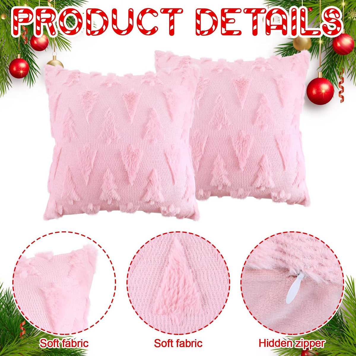 2 Set Christmas Tree Pillow Covers 18x18 Pink Plush Fur