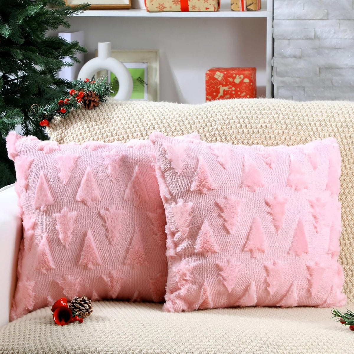 2 Set Christmas Tree Pillow Covers 18x18 Pink Plush Fur