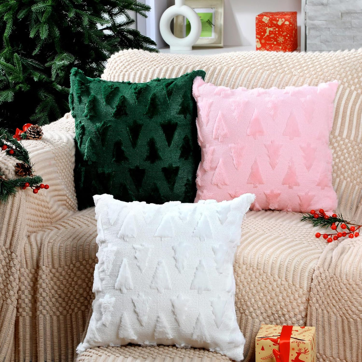 2 Set Christmas Tree Pillow Covers 18x18 Pink Plush Fur