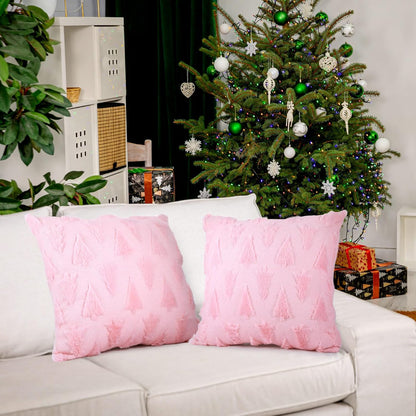 2 Set Christmas Tree Pillow Covers 18x18 Pink Plush Fur