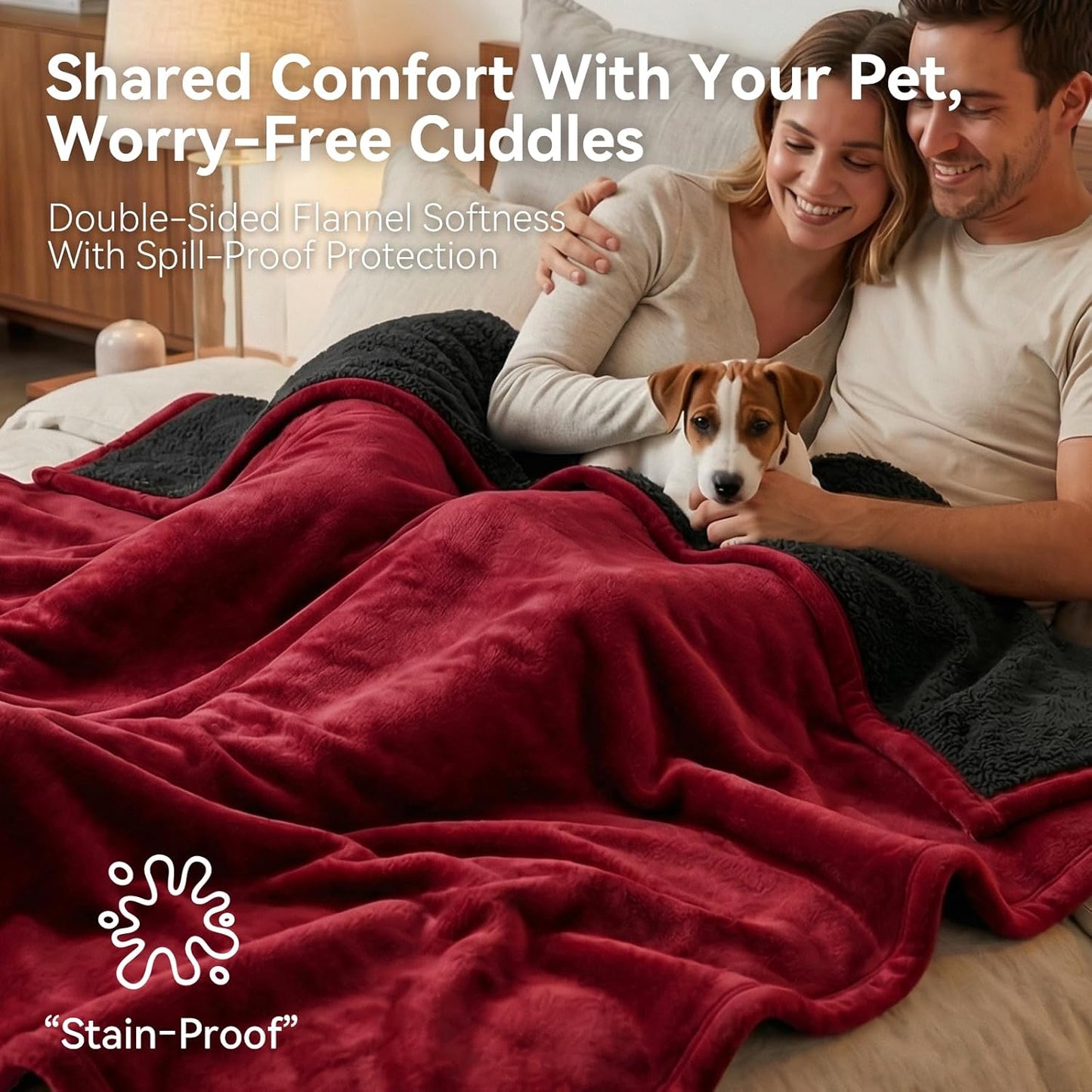 Waterproof Blanket for Bed - Blanket with Waterproof & Stain Proof, Splash Resistant, Machine-Washable Flannel is Soft and Comfortable, Suitable for Bed/Sofa (40"x60", Wine red/Black)