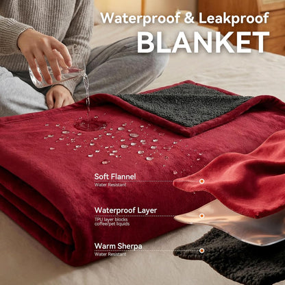 Waterproof Blanket for Bed - Blanket with Waterproof & Stain Proof, Splash Resistant, Machine-Washable Flannel is Soft and Comfortable, Suitable for Bed/Sofa (40"x60", Wine red/Black)