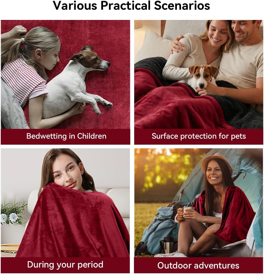 Waterproof Blanket for Bed - Blanket with Waterproof & Stain Proof, Splash Resistant, Machine-Washable Flannel is Soft and Comfortable, Suitable for Bed/Sofa (40"x60", Wine red/Black)