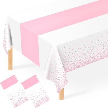 2 Pack White and Light Pink Tablecloth Disposable White Printed Pastel Pink Table Runner for Parties Baby & Bridal Shower Engagement Wedding Birthday BBQ Picnic Indoors and Outdoors Party