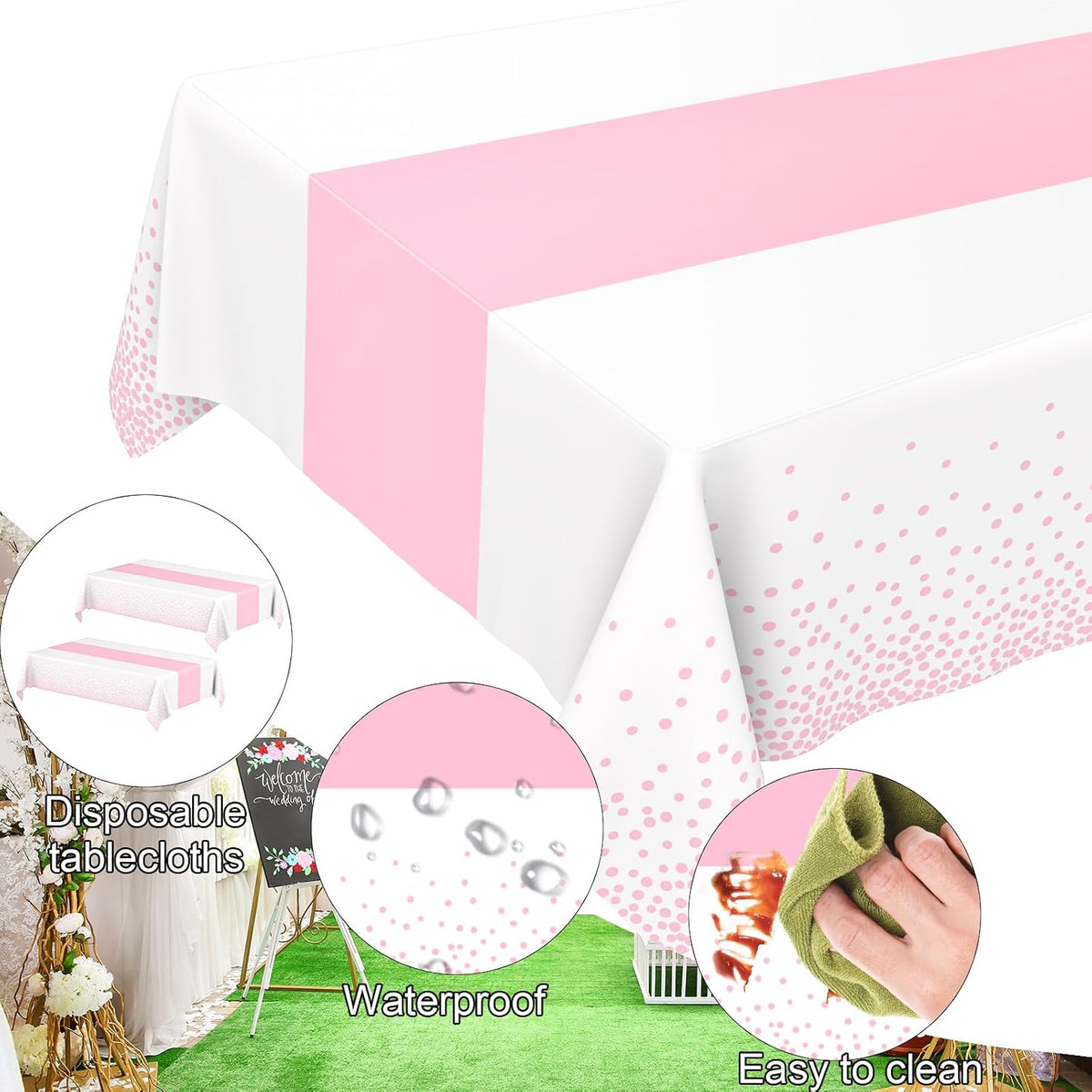2 Pack White and Light Pink Tablecloth Disposable White Printed Pastel Pink Table Runner for Parties Baby & Bridal Shower Engagement Wedding Birthday BBQ Picnic Indoors and Outdoors Party