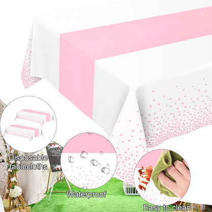 2 Pack White and Light Pink Tablecloth Disposable White Printed Pastel Pink Table Runner for Parties Baby & Bridal Shower Engagement Wedding Birthday BBQ Picnic Indoors and Outdoors Party