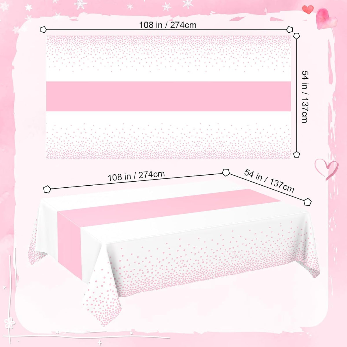 2 Pack White and Light Pink Tablecloth Disposable White Printed Pastel Pink Table Runner for Parties Baby & Bridal Shower Engagement Wedding Birthday BBQ Picnic Indoors and Outdoors Party