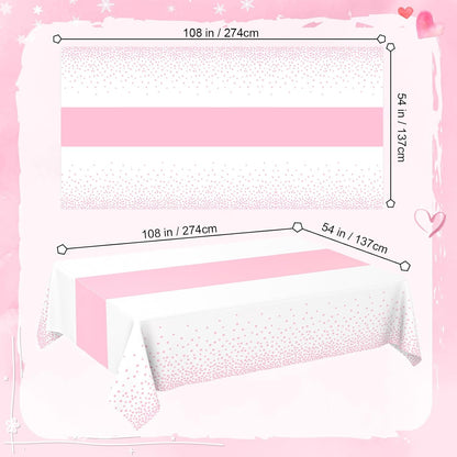 2 Pack White and Light Pink Tablecloth Disposable White Printed Pastel Pink Table Runner for Parties Baby & Bridal Shower Engagement Wedding Birthday BBQ Picnic Indoors and Outdoors Party