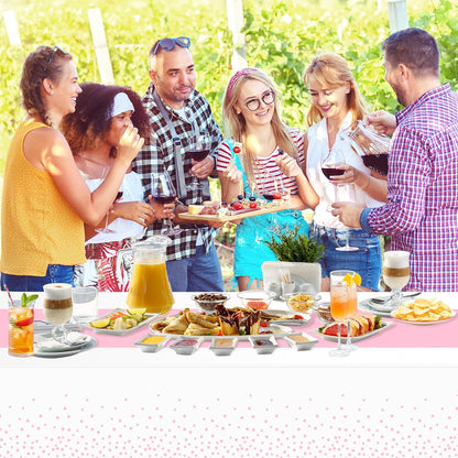 2 Pack White and Light Pink Tablecloth Disposable White Printed Pastel Pink Table Runner for Parties Baby & Bridal Shower Engagement Wedding Birthday BBQ Picnic Indoors and Outdoors Party