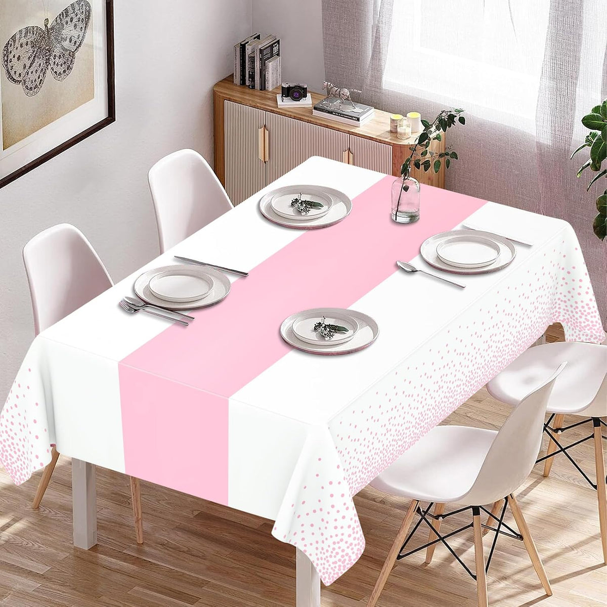 2 Pack White and Light Pink Tablecloth Disposable White Printed Pastel Pink Table Runner for Parties Baby & Bridal Shower Engagement Wedding Birthday BBQ Picnic Indoors and Outdoors Party