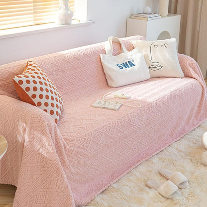 Blanket Couch Cover for Dogs, Plush Solid Color with Plush Geometric Pattern Reversible Furniture Protector Stain Resistant Couch Cover Pink, 180x230cm2 Seater