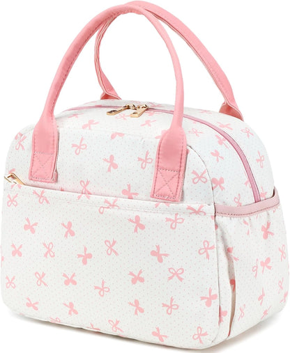 Lunch Box for Women Insulated Lunch Bag Lunchbox Cooler Thermal Leakproof Quilted Reusable Lunch Tote Bag for Work School Travel Picnic (Pink Bow)
