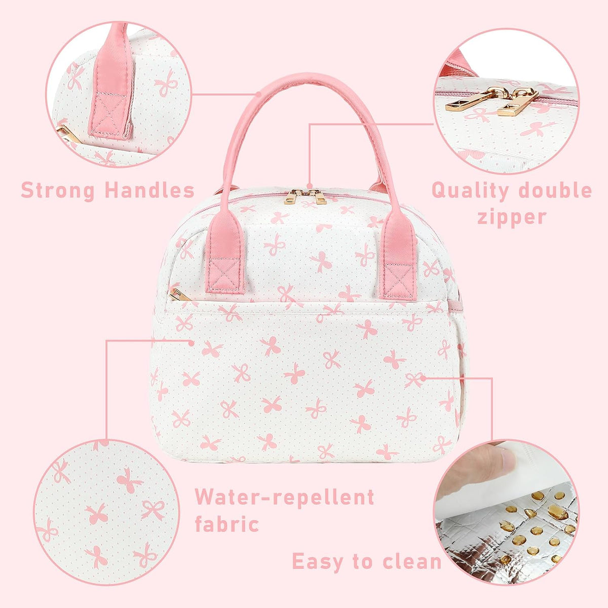 Lunch Box for Women Insulated Lunch Bag Lunchbox Cooler Thermal Leakproof Quilted Reusable Lunch Tote Bag for Work School Travel Picnic (Pink Bow)