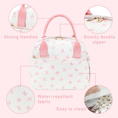Lunch Box for Women Insulated Lunch Bag Lunchbox Cooler Thermal Leakproof Quilted Reusable Lunch Tote Bag for Work School Travel Picnic (Pink Bow)