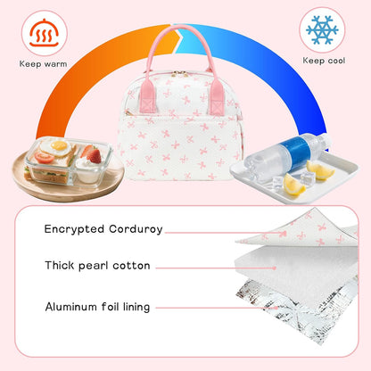 Lunch Box for Women Insulated Lunch Bag Lunchbox Cooler Thermal Leakproof Quilted Reusable Lunch Tote Bag for Work School Travel Picnic (Pink Bow)