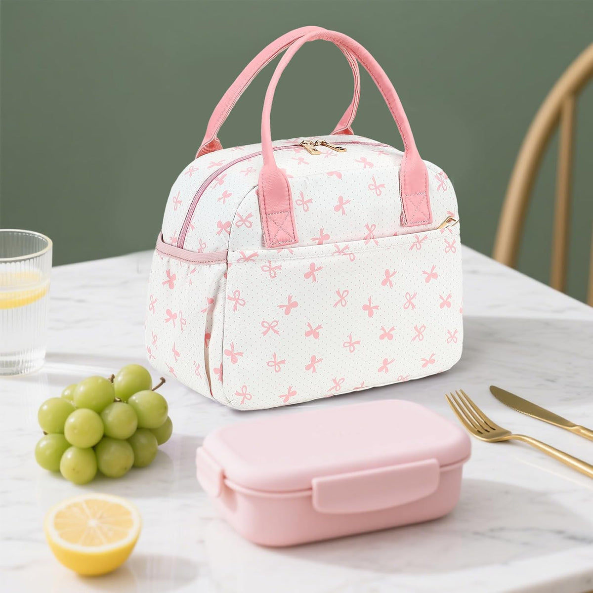 Lunch Box for Women Insulated Lunch Bag Lunchbox Cooler Thermal Leakproof Quilted Reusable Lunch Tote Bag for Work School Travel Picnic (Pink Bow)