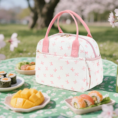 Lunch Box for Women Insulated Lunch Bag Lunchbox Cooler Thermal Leakproof Quilted Reusable Lunch Tote Bag for Work School Travel Picnic (Pink Bow)