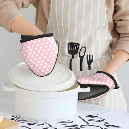 2PCS Mini Silicone Oven Mitts, Light Pink Polka Dot Print Oven Mitts Heat Resistant, Pot Holders for Kitchen Cooking & Baking Gloves