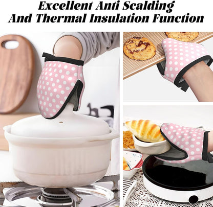 2PCS Mini Silicone Oven Mitts, Light Pink Polka Dot Print Oven Mitts Heat Resistant, Pot Holders for Kitchen Cooking & Baking Gloves