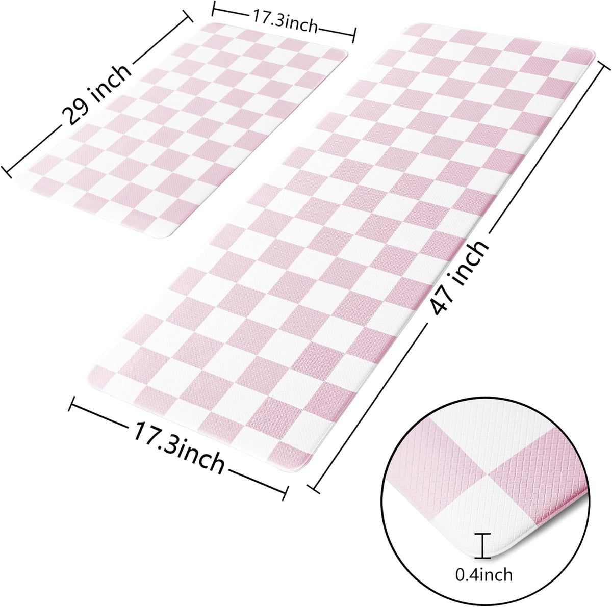 Pink Checkered Grid Checkerboard Kitchen Rug Sets [2 PCs], Anti-Fatigue, Waterproof Non-Slip Kitchen Mats Heavy Duty Ergonomic Comfort Foam Rug for Floor, Home, Laundry,Easter 17"x29"+17"x47"