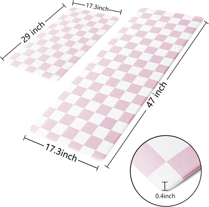 Pink Checkered Grid Checkerboard Kitchen Rug Sets [2 PCs], Anti-Fatigue, Waterproof Non-Slip Kitchen Mats Heavy Duty Ergonomic Comfort Foam Rug for Floor, Home, Laundry,Easter 17"x29"+17"x47"