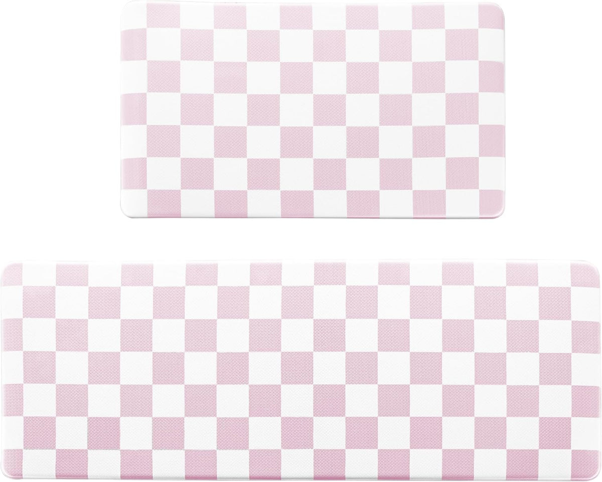 Pink Checkered Grid Checkerboard Kitchen Rug Sets [2 PCs], Anti-Fatigue, Waterproof Non-Slip Kitchen Mats Heavy Duty Ergonomic Comfort Foam Rug for Floor, Home, Laundry,Easter 17"x29"+17"x47"