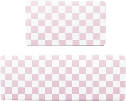 Pink Checkered Grid Checkerboard Kitchen Rug Sets [2 PCs], Anti-Fatigue, Waterproof Non-Slip Kitchen Mats Heavy Duty Ergonomic Comfort Foam Rug for Floor, Home, Laundry,Easter 17"x29"+17"x47"
