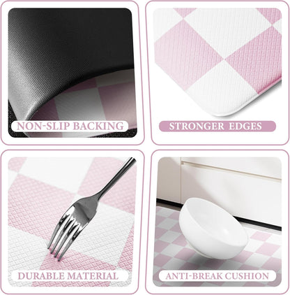 Pink Checkered Grid Checkerboard Kitchen Rug Sets [2 PCs], Anti-Fatigue, Waterproof Non-Slip Kitchen Mats Heavy Duty Ergonomic Comfort Foam Rug for Floor, Home, Laundry,Easter 17"x29"+17"x47"