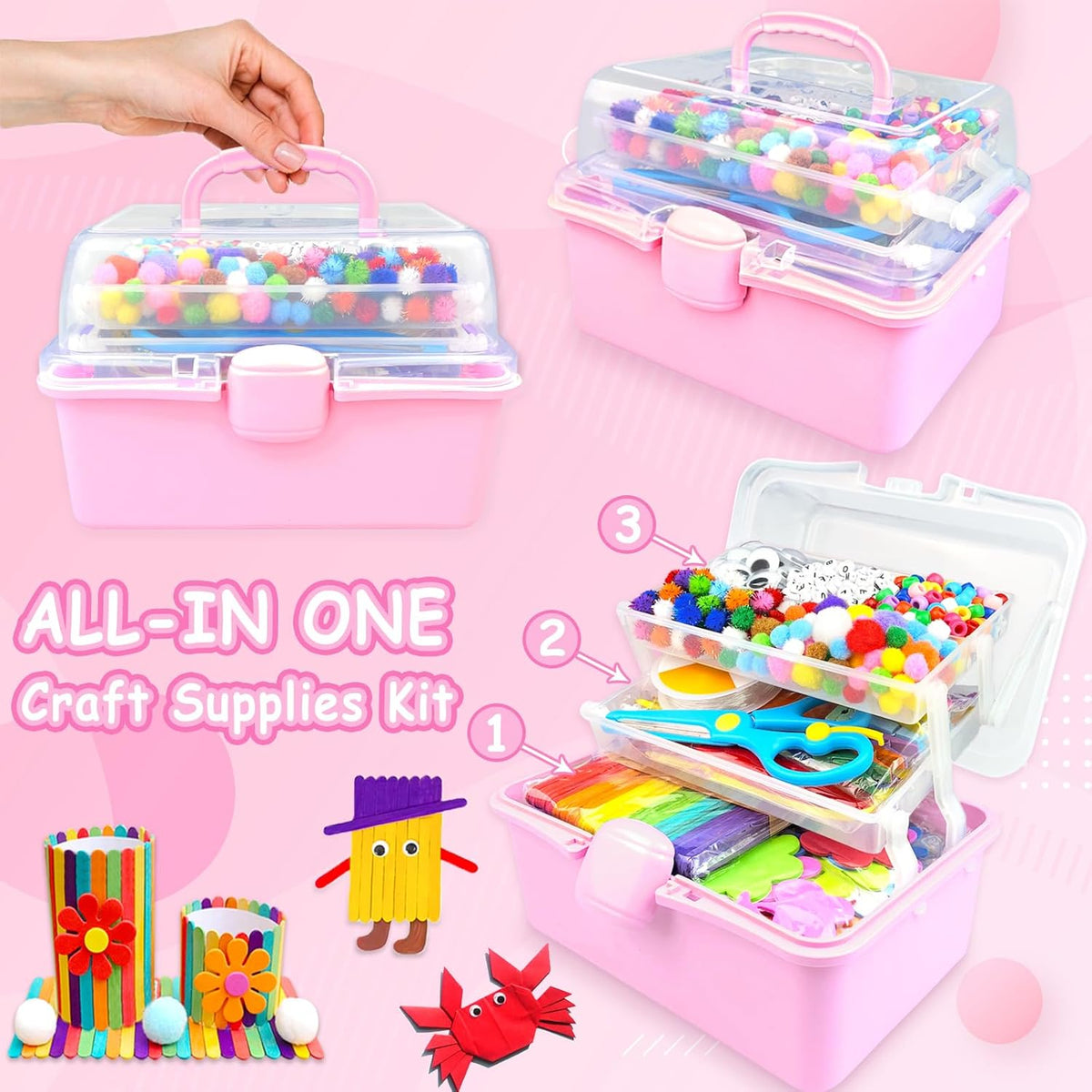 3000 Arts and Crafts Supplies for Kids Craft Kit Craft Box with Pipe Cleaners Arts and Crafts for Kids Age 4-6, 6-8, 8-12 DIY School Supplies Materials Set Toys Gifts for Girls Boys Toddlers, Pink