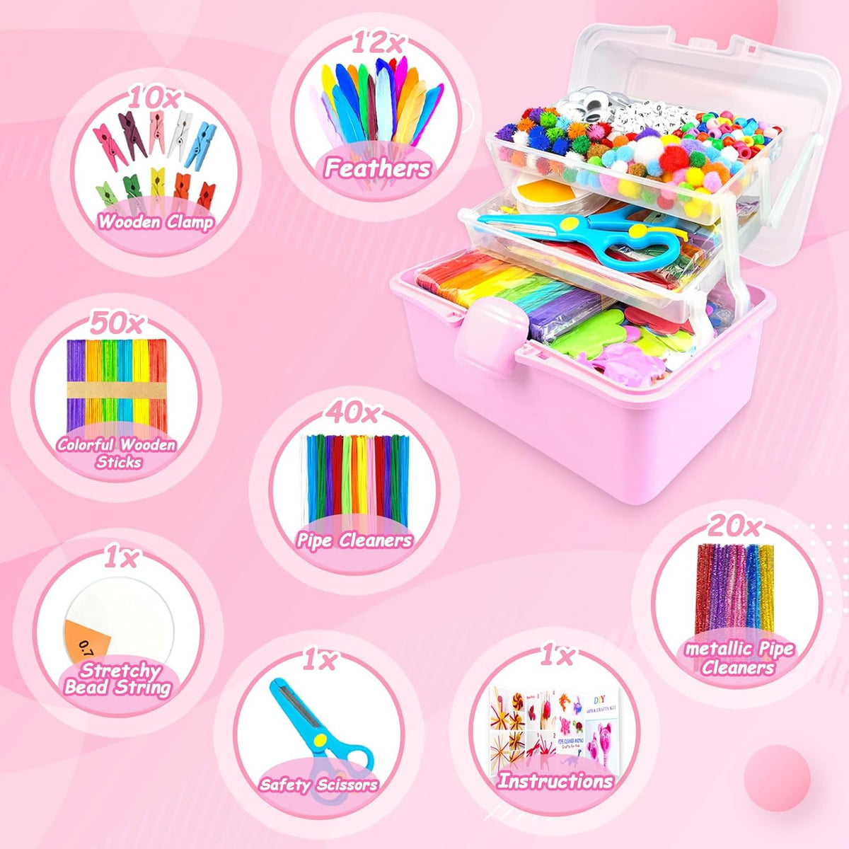 3000 Arts and Crafts Supplies for Kids Craft Kit Craft Box with Pipe Cleaners Arts and Crafts for Kids Age 4-6, 6-8, 8-12 DIY School Supplies Materials Set Toys Gifts for Girls Boys Toddlers, Pink