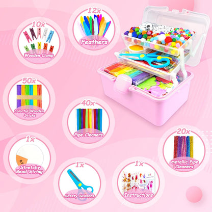3000 Arts and Crafts Supplies for Kids Craft Kit Craft Box with Pipe Cleaners Arts and Crafts for Kids Age 4-6, 6-8, 8-12 DIY School Supplies Materials Set Toys Gifts for Girls Boys Toddlers, Pink