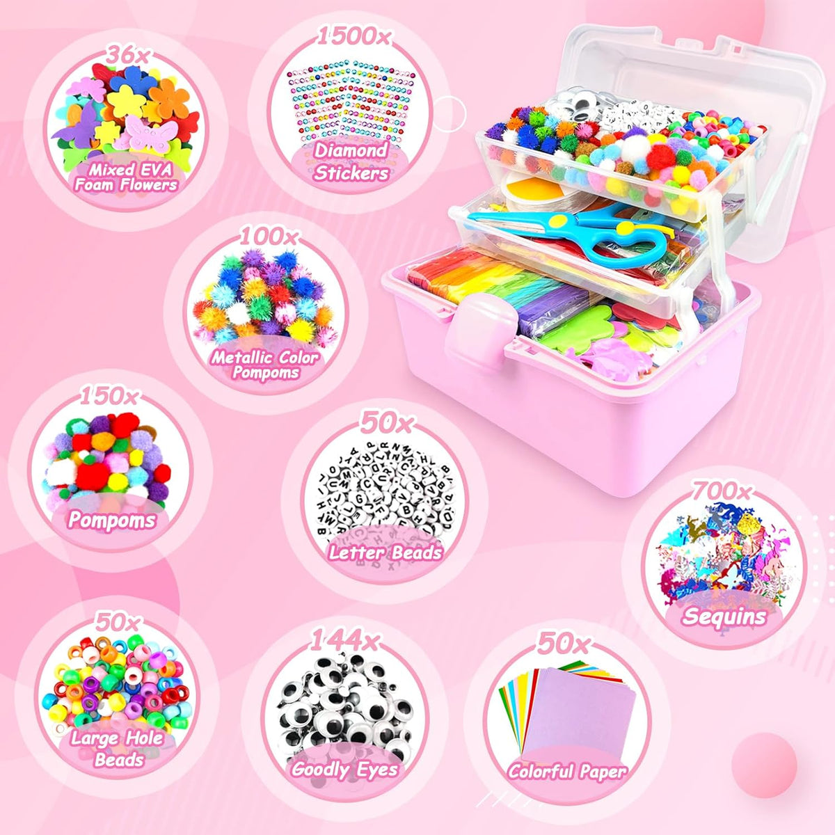 3000 Arts and Crafts Supplies for Kids Craft Kit Craft Box with Pipe Cleaners Arts and Crafts for Kids Age 4-6, 6-8, 8-12 DIY School Supplies Materials Set Toys Gifts for Girls Boys Toddlers, Pink