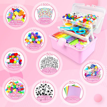 3000 Arts and Crafts Supplies for Kids Craft Kit Craft Box with Pipe Cleaners Arts and Crafts for Kids Age 4-6, 6-8, 8-12 DIY School Supplies Materials Set Toys Gifts for Girls Boys Toddlers, Pink
