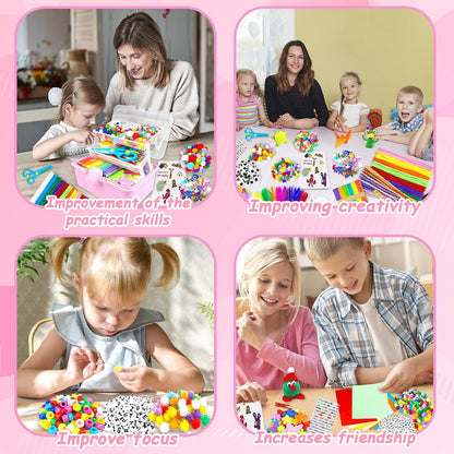 3000 Arts and Crafts Supplies for Kids Craft Kit Craft Box with Pipe Cleaners Arts and Crafts for Kids Age 4-6, 6-8, 8-12 DIY School Supplies Materials Set Toys Gifts for Girls Boys Toddlers, Pink