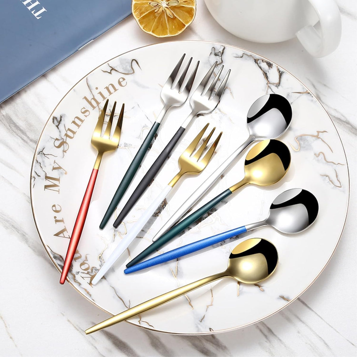 2PC-304 stainless steel dessert spoon household fresh and exquisite personality-pink gold spoon