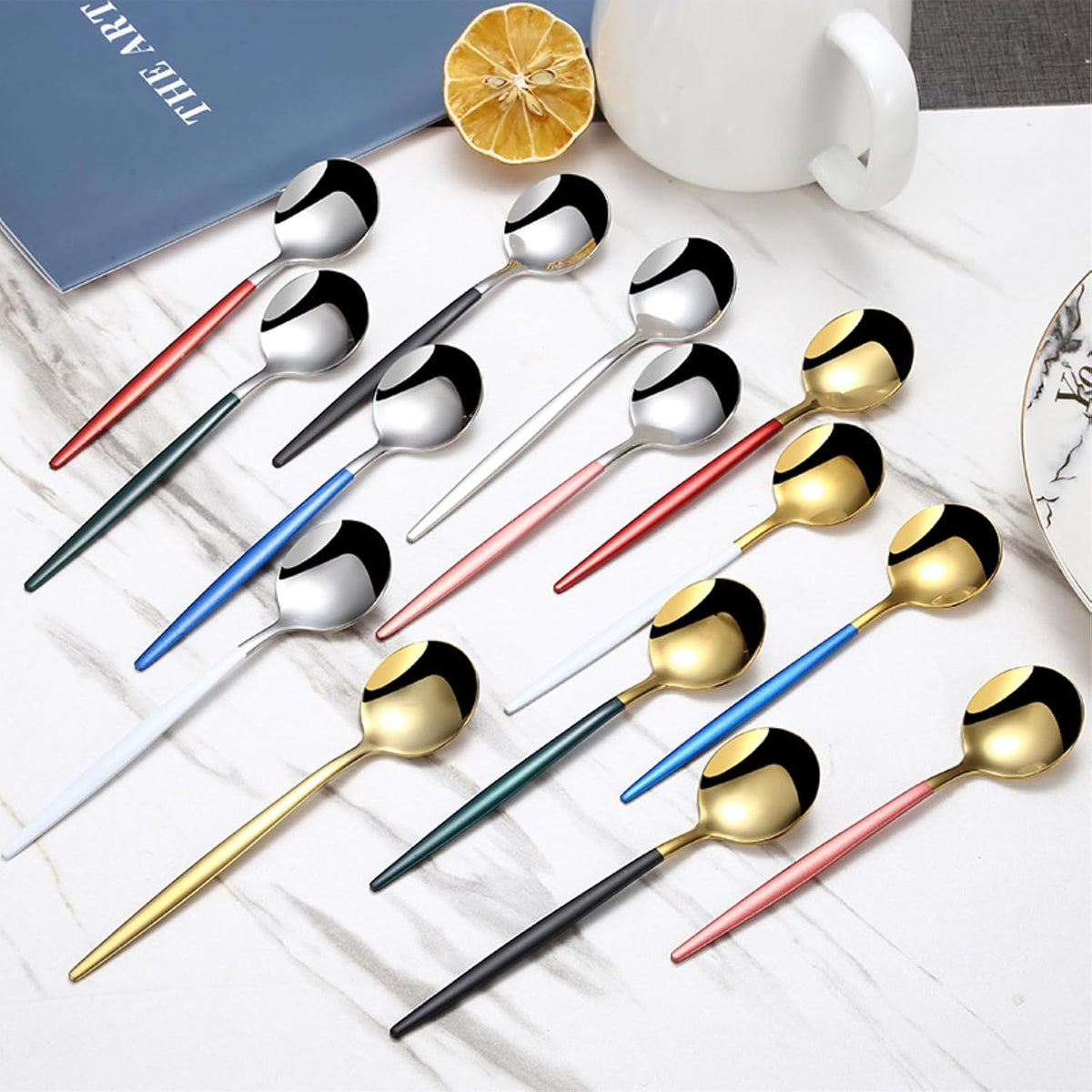 2PC-304 stainless steel dessert spoon household fresh and exquisite personality-pink gold spoon