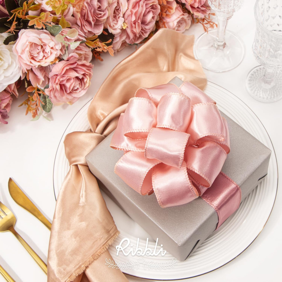 Champagne Pink Satin Wired Ribbon 1.5 Inch Champagne Pink Christmas Ribbon for Gift Wrapping Wreaths Garland Tree Decoration Crafts Home Decor-Continous 20 Yards