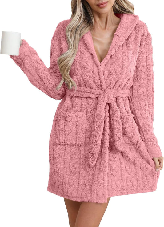 Robes for Women Fluffy Fuzzy Short Robe Waist Tie Fuzzy Bathrobe with Pockets Plush Fleece Cozy Warm Bathrobe