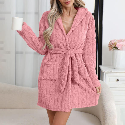 Robes for Women Fluffy Fuzzy Short Robe Waist Tie Fuzzy Bathrobe with Pockets Plush Fleece Cozy Warm Bathrobe