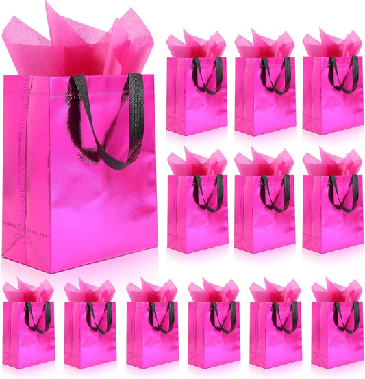 12 Pack Reusable Gift Bags with Handles & 24 Tissue Papers, 10x4x8 Inch Iridescent Gift Bags with Cardboard Bases for Shopping, Parties, Birthdays, Weddings, Holiday (Pink Gift Bag)