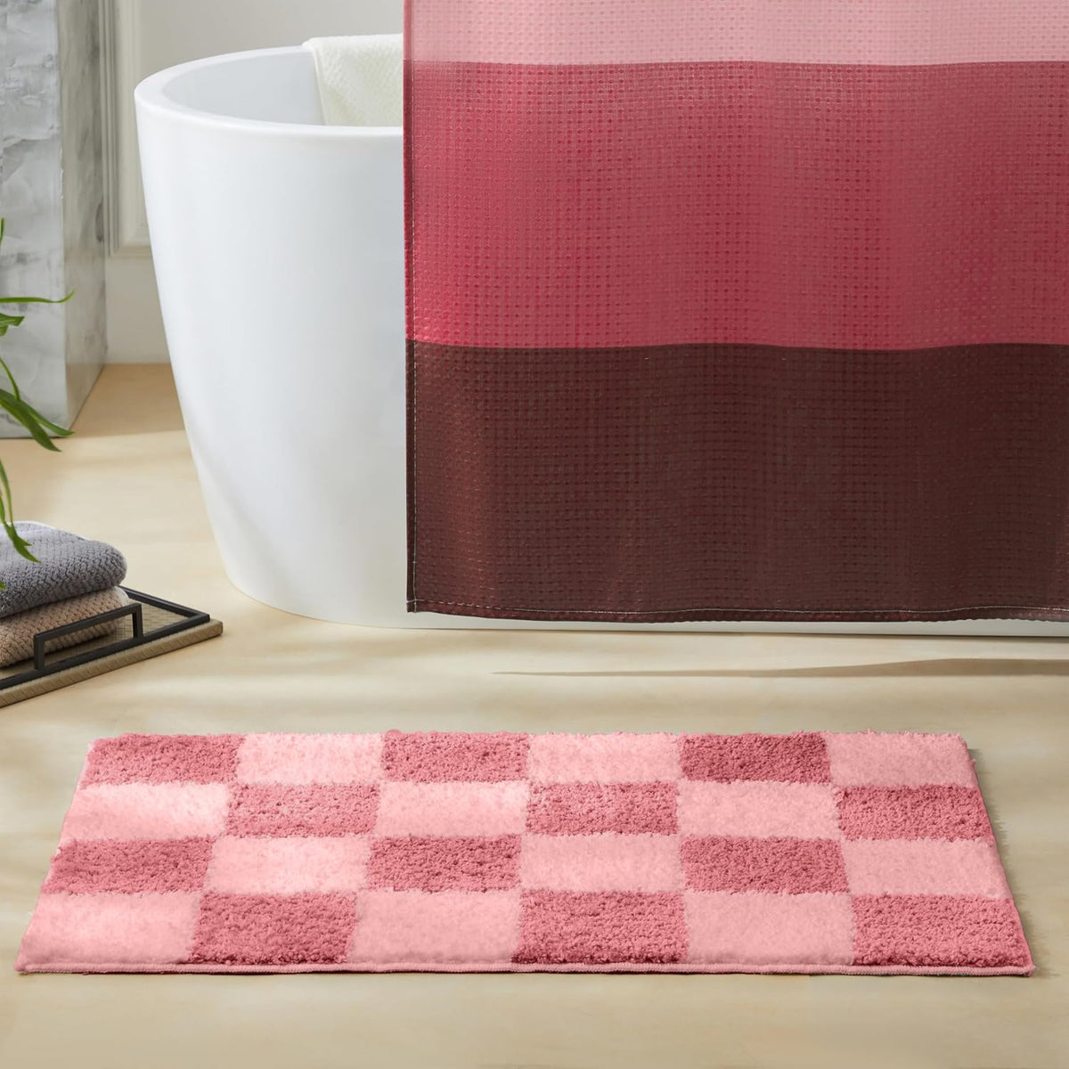 Luxury Microfiber Checkered Bathroom Rugs, Checkerboard Bath Mat Girls Cute Aesthetic Preppy Bath Decor for Bathroom, Tub, Sink, Shower, Anti Slip, Absorbent, Washable, Coral, 32x20