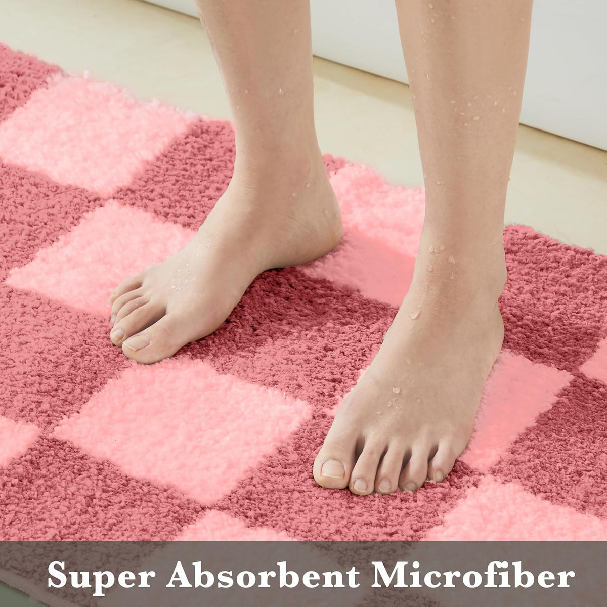 Luxury Microfiber Checkered Bathroom Rugs, Checkerboard Bath Mat Girls Cute Aesthetic Preppy Bath Decor for Bathroom, Tub, Sink, Shower, Anti Slip, Absorbent, Washable, Coral, 32x20