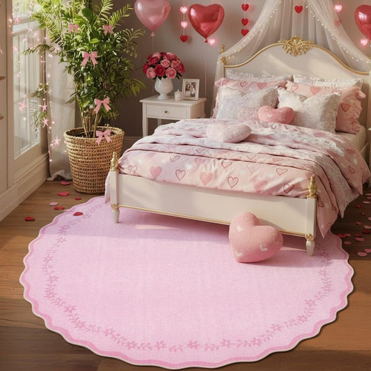 Large Round Rug 8ft Scalloped Washable Circle Living Room Rug