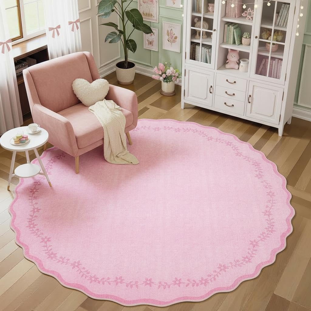 Large Round Rug 8ft Scalloped Washable Circle Living Room Rug